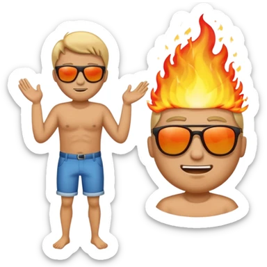 Comic emoji of man trying to fan himself because it's sunny then suddenly his butt is on fire but then it got bigger and then goes to the ocean but makes the fire bigger sticker