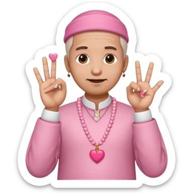 funny uncle wearing takke, pink skirt, holding prayer beads, making heart sign with fingers, saying 'uwu', emoji style sticker