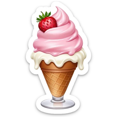 strawberry ice cream sundae, pink ice cream, whipped cream, and a strawberry sticker