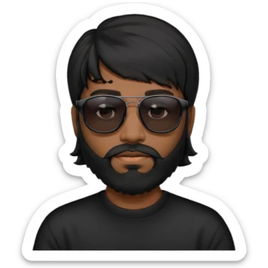 Indian man with  black mullet  and beard and black sunglasses and black jumper sticker