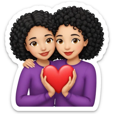 big sister little sister both  lightskin with black curly hair smiling hugging heart  sticker
