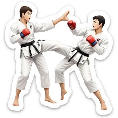Two taekwondo fighters in traditional white doboks with black belts. One delivers a powerful kick, while the other defends by blocking with his knee. The background shows a professional arena with bright lights and an excited crowd. Transparent background highlights the intense action sticker