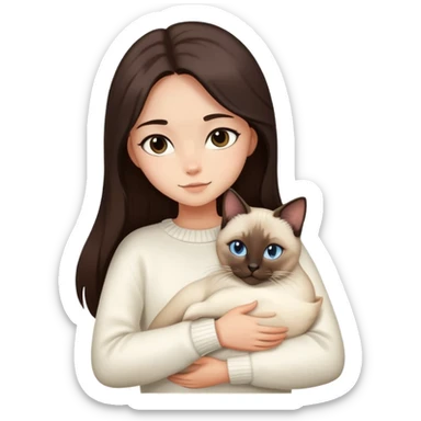 a girl with long dark brown hair, in a white sweater, hugs a Siamese cat sticker