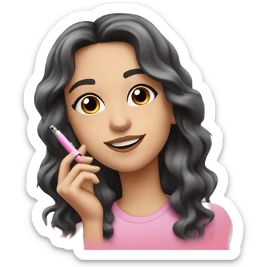 Caucasian girl with long wavy black hair and brown eyes smoking a pink vape pen with hearts on it sticker