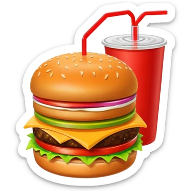 A clean and simple icon of fast food in emoji-style illustration. A burger with fries and a soda cup, bright and bold colors, simple shapes, flat design, high contrast, inviting and appetizing. sticker