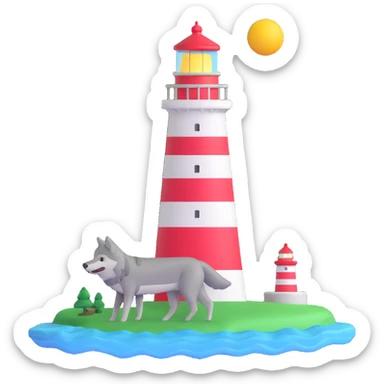 a wolf coding a lighthouse, 3D emoji style sticker