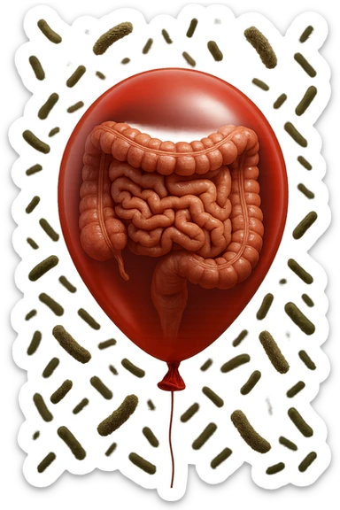 intestino umano anatomico chiuso in un palloncino rosso con batteri intestinali che fluttuano intorno, iperrealistico 4k sticker