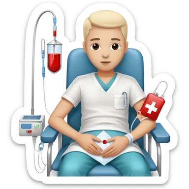 person sitting in a hospital chair receiving a blood transfusion, blood bag connected to their arm, calm expression sticker