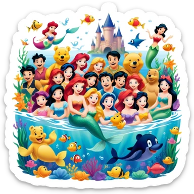 Icon for Animated Characters: A colorful, large-scale collage of beloved cartoon characters, including Goofy, Mickey Mouse, Winnie-the-Pooh, Ariel the Little Mermaid, Jasmine and others. Bright and vibrant, full of whimsical charm. Transparent background. sticker