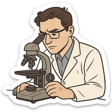 scientist with glasses working at a microscope focused expression simple background sticker