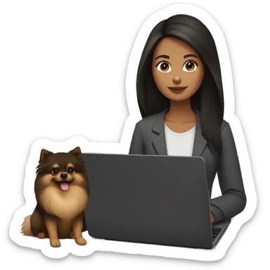 A girl with white skin, long dark brown hair, and brown eyes sitting in front of a laptop and her black-and-tan pomeranian is next to her. sticker