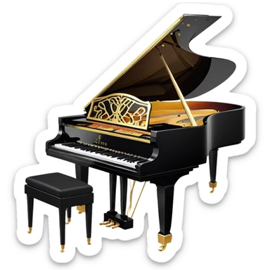 Create an elegant and detailed emoji representing the Seiler 278 Konzert grand piano. The design should feature the grand piano's polished black body with shiny, reflective surfaces, capturing its high-quality craftsmanship. The black and white keys should be clearly visible, with the curved shape of the grand piano’s body and lid, which can be slightly open. Add visible details like the pedal system, the intricate wood finish on the frame, and the elegant legs of the piano. The musical notes should float around the piano, evoking the sound of a professional concert instrument. Use deep black, white, and gold tones to highlight its luxurious appearance. The background should be transparent. sticker