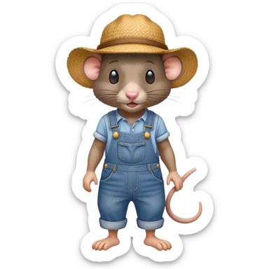 farmer rat in denim overalls with a straw hat sticker
