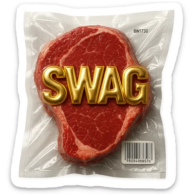 steak with gold block letters 'SWAG', shiny and inflated, vacuum-sealed style sticker
