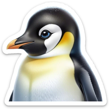 Cinematic Cute Emperor Penguin Portrait Emoji, Head tilted playfully and inquisitively, with glossy, pristine plumage accented by a bright beak and round, sparkling eyes filled with curiosity, Simplified yet irresistibly adorable features, highly detailed, glowing with a warm, friendly icy glow, high shine, affectionate and lively, stylized with a touch of whimsical charm, bright and endearing, soft glowing outline, capturing the essence of a mischievous yet loving penguin that feels like it could slide out of the screen into your arms! sticker