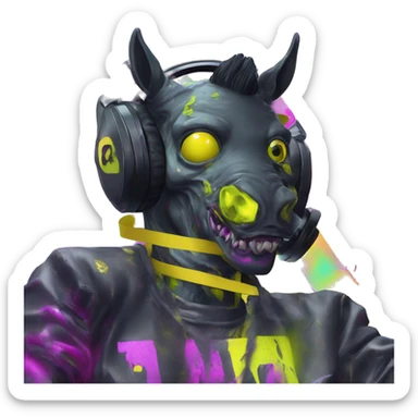 .Zombie_ Vaporwave black holographic oilslick zombie unicorn yellow caution tape holding a vinyl dj graffiti sticker