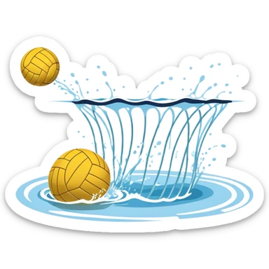 An icon featuring a yellow water polo ball floating on the water with goals in the background, inside a swimming pool. The design includes splashes and ripples, symbolizing the fast-paced action and strategy of water polo. Transparent background highlights. sticker