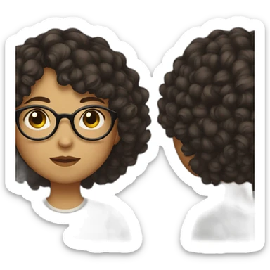 girl with short curly dark brown hair and bangs and she has glasses sticker