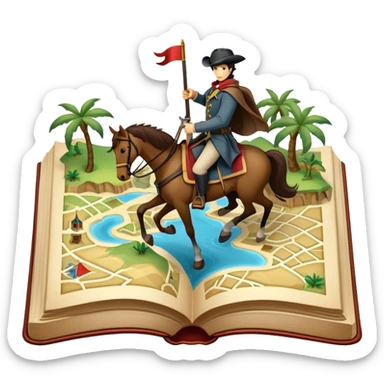 Icon for Reading Fiction: a large open book with pages turning into musketeers on horseback, Sherlock Holmes and Island of treasure map. The icon should evoke the adventure and romance of exploring fictional worlds. Transparent background. sticker