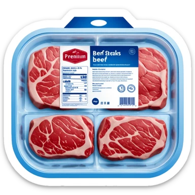 A vacuum-sealed plastic tray of frozen beef steaks, with visible frost and ice crystals on the meat surface. The label shows brand name, weight, and “Premium Beef Steaks.” The packaging has a transparent window revealing the red meat.  photorealistic food packaging. sticker