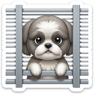 cute all grey shih tzuh behind window blinds pulling them open with one paw and peeking through the slit between the blinds sticker