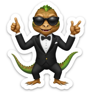 capitalist iguana banker in tuxedo and black sunglasses dancing crazy thumb up sticker