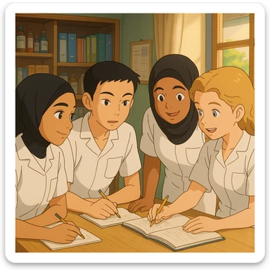 Ghibli style interior scene with four nursing students working together. They wear white short-sleeve uniforms with V-neck medical tunics and a left chest pocket, no stethoscopes or clothes under the tunic. Warm and professional atmosphere with visible interaction and a different composition. sticker