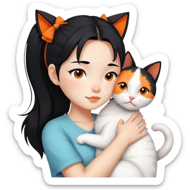 East Asian girl with high ponytail black hair hugging a predominantly white cat with orange patches, sweet and gentle, cute facial expressions sticker