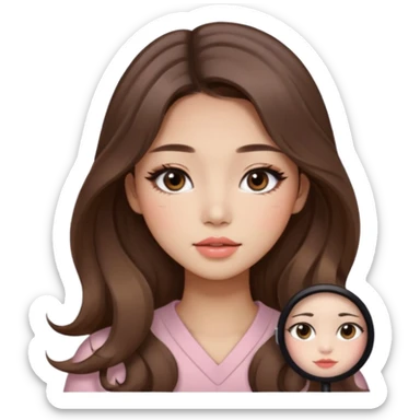 “korean straight brown hair Emoji girl, soft eyeliner and blush, gradient lips, light brown shimmer eyeshadow, long wavy hair,  sticker