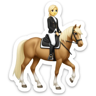 Un cheval Palomino en tain de galoper il a un tapis noir à paillettes sur le dos, sa cavalière qui est sur lui est une fille blanche avec les cheveux marrons elle porte un pantalon noir et une veste de sport noir  sticker