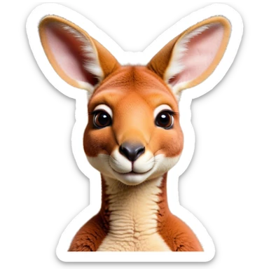 Cinematic Cute Adult Red Kangaroo Portrait Emoji, Head tilted playfully and inquisitively, showcasing a charming, robust build with soft reddish fur and a uniquely red kangaroo-like head featuring a gentle, elongated snout and rounded ears, with large, sparkling eyes full of wonder, Simplified yet irresistibly adorable features, highly detailed, glowing with a warm, friendly glow, high shine, affectionate and lively, stylized with a touch of outback whimsy, soft glowing outline, capturing the essence of a mischievous yet loving kangaroo that seems as if it could hop out of the screen into your arms! sticker
