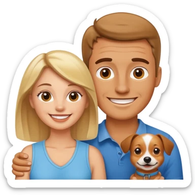 Una mujer blanca y un hombre moreno con un perrito sticker