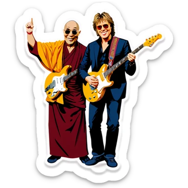 Dalai lama and  Jon Bon Jovi jam electric guitars sticker