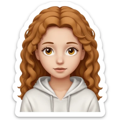 Una ragazza con una felpa semplice bianca,ha gli occhi marroni,i capelli marroni chiaro , c’è gli ha lunghi e ricci ma non troppo e ha le ciglia stile emoji apple sticker
