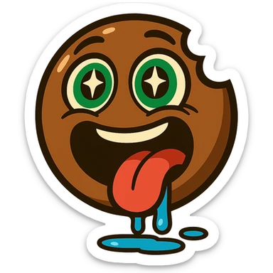 glossy exaggerated cartoon emoji face in chocolate brown, large green eyes looking up with sparkles, wide open mouth with a bite missing from the side, red tongue hanging out, blue drool dripping and pooling, showing intense hunger and excitement, clean white background, bold and fun mascot style sticker