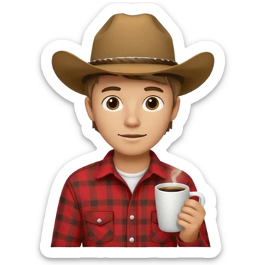 generate an ios genmoji of a 20 year old tan boy with a cowboy hat and side burns. Wearing a flannel and carrying a coffee mug sticker