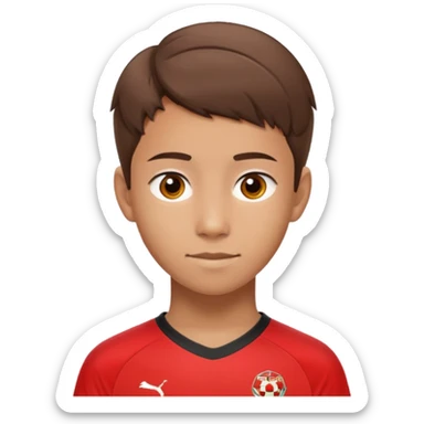 - Nam
- 15 tuổi
- Da vàng
- Tóc nâu, ngắn
- Mặt dài, Cười mỉm
- Áo bóng đá màu đỏ
 sticker