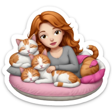girl with long wavy brown hair, long lashes makeup, sexy pink lips, light to medium complexion,  sleeping on a cozy pillow, with 6 cats: 1 ginger/white, 1 grey with white paws, 1 calico, 2 grey and white and one tabby and white sticker