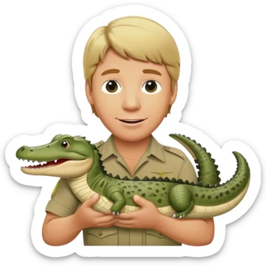 Cinematic Realistic Steve Irwin Portrait Emoji, in his signature khaki attire, holding a crocodile or giving an excited thumbs-up. The scene is lit with vibrant, natural sunlight, emphasizing his adventurous spirit and deep connection to nature. sticker