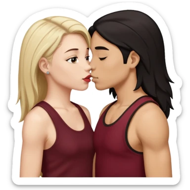 a white woman with short tomboy black hair wearing men's black tank top kissing a lightskin woman with long dark blonde hair wearing maroon tank top sticker