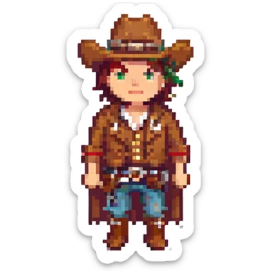 Wild West cowboy, detailed pixel art, vibrant colors, frontier town background sticker