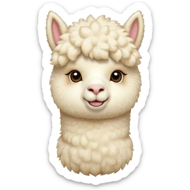 Cinematic Cute Cream Alpaca Portrait Emoji, Head tilted playfully and inquisitively, featuring a fluffy, cream fleece with a natural sheen, round, sparkling gentle eyes filled with curiosity, Simplified yet irresistibly adorable features, highly detailed, glowing with a warm, friendly glow, high shine, affectionate and gentle, stylized with a touch of whimsy, bright and endearing, soft glowing outline, capturing the essence of a mischievous yet loving alpaca, so playful it feels like it could prance out of the screen and into your arms! sticker