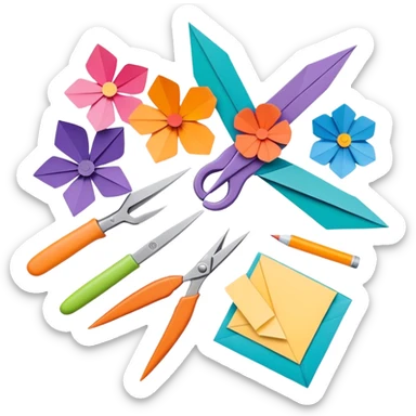 Paper crafting icon, various paper crafts like origami, 3D paper flowers, and scrapbooking materials, visible tools such as scissors, glue stick, and colour paper sheets, colorful paper patterns, minimalistic style, clean lines, transparent background. sticker
