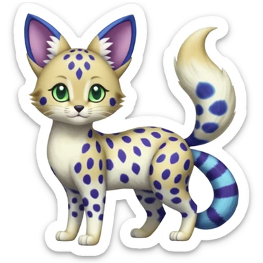 Exotic tropical shiny cute realistic Cobalt-Blue green purple black white Purloin-Meowstic-Minccino-Cinccino-cheetah-Skitty-Delcatty-serval-furret-Noibat-caracal-fusion-hybrid-creature (full body) sticker