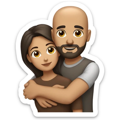 Comforting hug from brunette Puerto Rican with dark brown eyes to short, bald man with brown eyes and a beard sticker