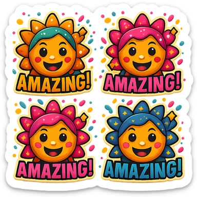 Add a festive confetti effect with changing colors and sparkling effects to each frame of this 'amazing!' emoji sequence. Keep the style consistent with the original and maintain no background. sticker