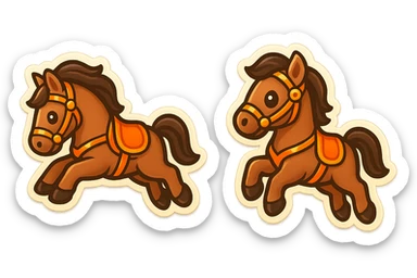 Create a cute emoji style illustration of a Hermès-style horse jumping with an orange and gold harness. The design should be luxurious and include an alternate pose. Use a white or transparent background. sticker