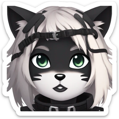 Gorgeous gothic dark techwear anime style anthro black cat furry with blushing face aesthetic and pretty edgy black with collar and harness trending style sticker