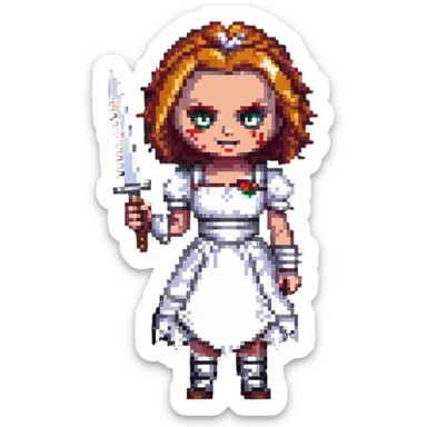Chucky's bride with a mischievous expression holding a knife in pixel art style sticker