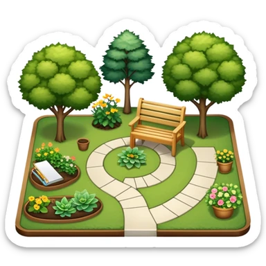 Icon for Landscape Design: a garden layout with trees, plants, pathways, and outdoor furniture, along with design tools like a ruler and sketchpad. The icon should represent the creativity and planning behind landscape design. Transparent background. sticker